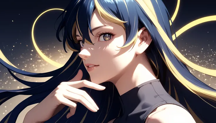 score_9, score_8_up, score_7_up, source_anime, 1girl, solo, face focus, detailed eyes, long hair, vibrant colors, finger on lip, detailed background, multicolored hair, navy blue hair, blonde hair, streaked hair, long hair, yellow circle in the iris, very ...