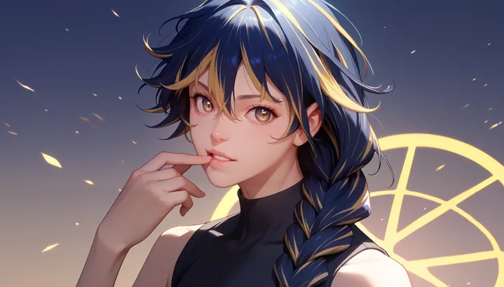 score_9, score_8_up, score_7_up, source_anime, 1girl, solo, face focus, detailed eyes, long hair, vibrant colors, finger on lip, detailed background, multicolored hair, navy blue hair, blonde hair, braid, streaked hair, long hair, yellow circle in the iris...