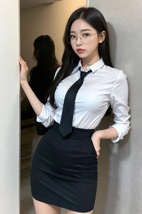 Masterpiece, Anatomically Correct, Accurate, High Details, 16k, thigh above body,  young 1girl, Black Hair, 35mm, F/2.8, Realism, Looking at viewer, Moist lips, Parted Lips, Tight Waist, Wide Ass and Thighs, Business Suit and White Shirt, Tight miniskirt, ...