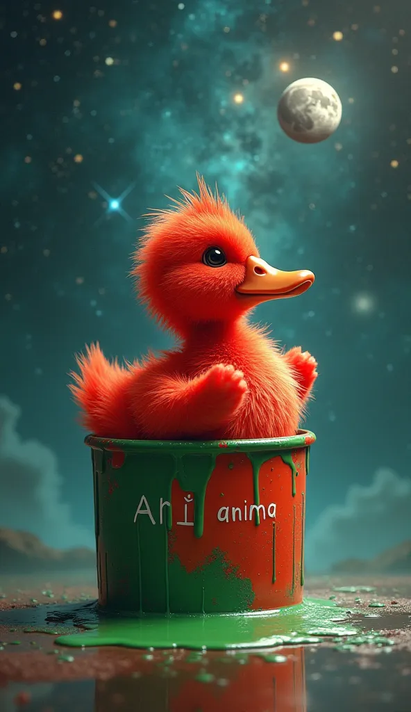 A little duck colored red and feathers all red , It's inside a paint can , The paint can is spilling Green paint on the floor , The name is written on the ink can "Anima AI " , he is in the galaxy on top of a mini full moon round and brilliant silver , The...