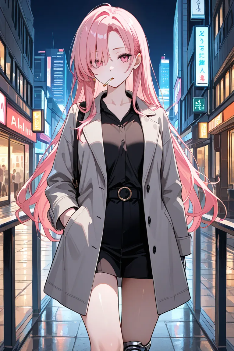 adult girl with very long pink hair. she's standing outside in a light grey coat lighting a cigarette. Her clothes look a little shabby, prosthesis instead of one leg and she herself is pale, thin and tired. she has a. she also has a slightly dirty doper o...