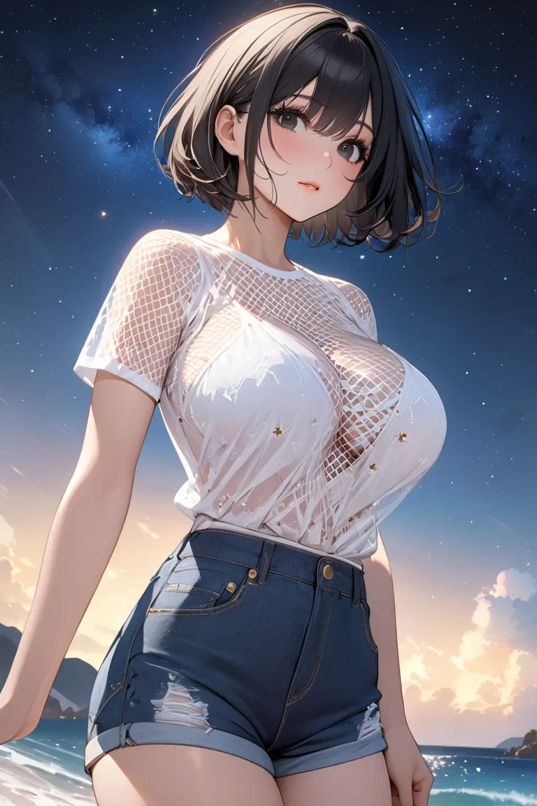 solo,woman,Big Breasts,short bob black gold mesh hair black eyes shorts jeans,gal, light clothing,A masterpiece with a starry sky in the background, accurate, High Resolution, top quality, textured skin, in white for summer very detailed, 