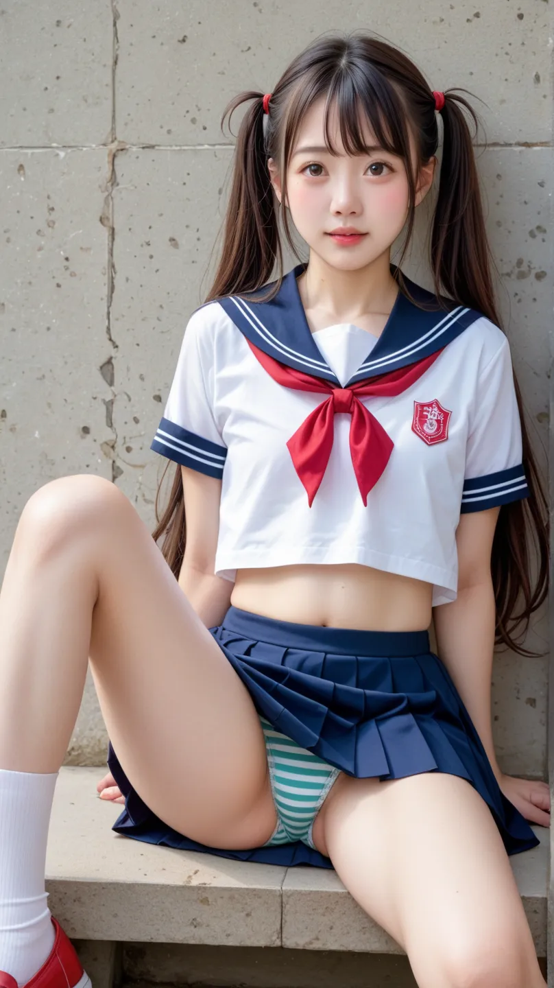 score_9、score_8_ up、score_7_ up、かわいいgirl、girl&#39; school uniform、Roll up your  with both hands to show your chest、(thin:1.5)、(  young:0.5)、(thin :0.3)、(white skin:1.1)、round face、big eyes、 bowed eyebrows、baby face、(:0.3)、(opens legs:1.5)、very thin、my legs...