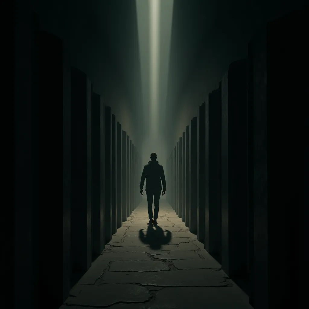 A dark corridor with several identical doors and a character opening a, only to find himself on the other side.