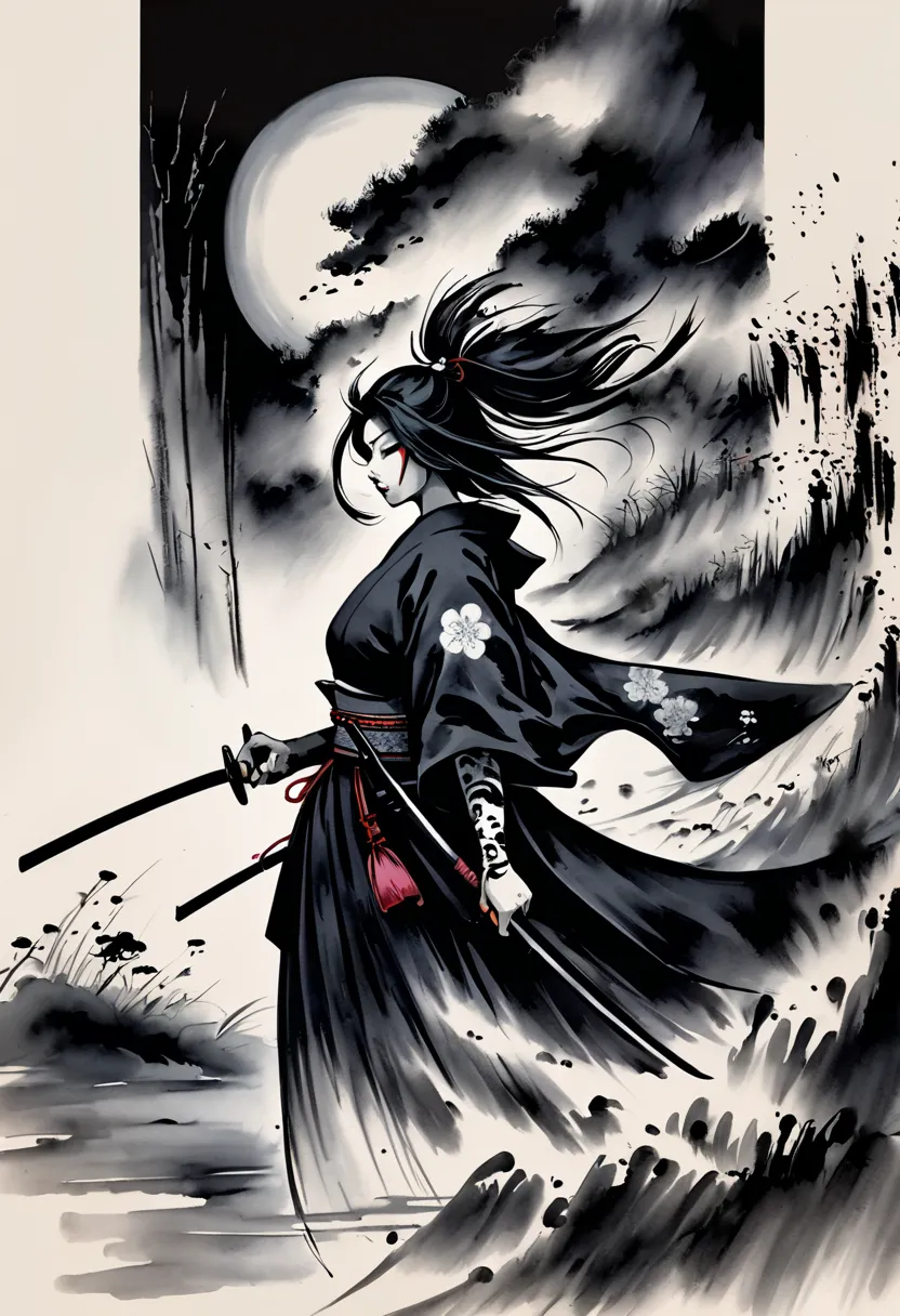 Ink painting style, samurai woman, cool, Japanese spirit, presence,