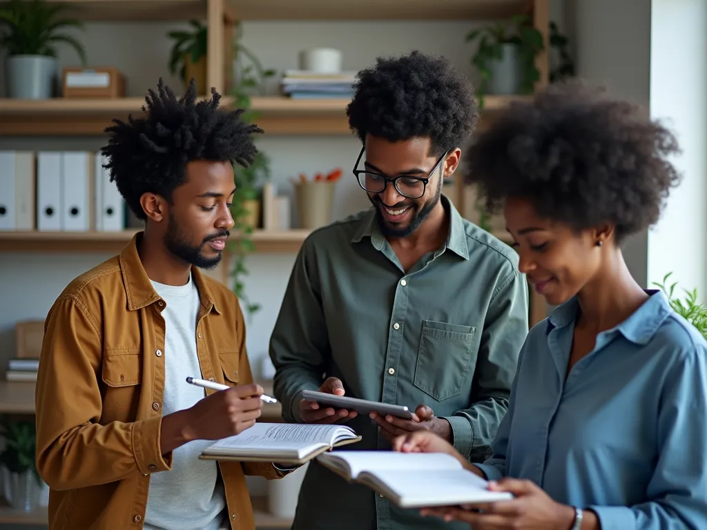 Right, now Create an image with three young professionals (Real people), two of them are black.  in a study environment. Two of them are data scientists, wearing casual attire, but with elements that represent their area, como notebooks, graphics, codes or...