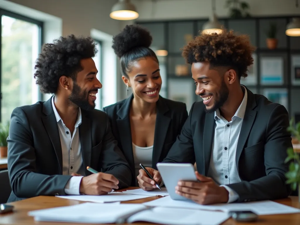 Right, now Create an image with three young professionals (Real people), two of them are black.  in a study environment. Two of them are data scientists, wearing casual attire, but with elements that represent their area, como notebooks, graphics, codes or...