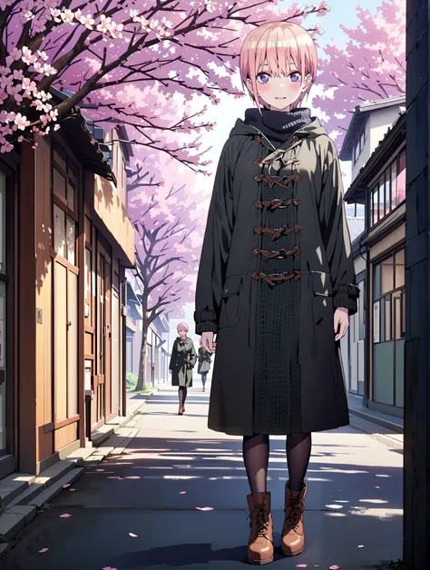 Nakano Ichika, short hair, bungs, blue eyes, Between the eyebrows, pink hair near MM, smile,blush,open your mouth,duffle coat,The front is empty,oversized turtleneck sweater,Black Pantyhose,Short Boots,walking,cherry blossoms,School building,full bodyがillu...
