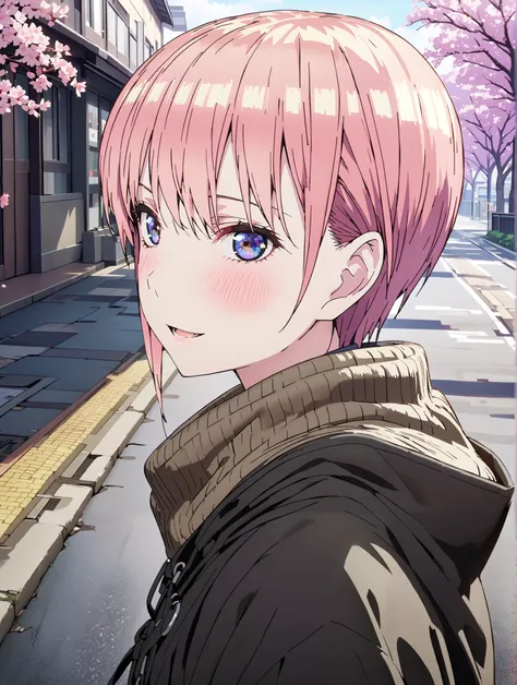 Nakano Ichika, short hair, bungs, blue eyes, Between the eyebrows, pink hair near MM, smile,blush,open your mouth,duffle coat,The front is empty,oversized turtleneck sweater,Black Pantyhose,Short Boots,walking,cherry blossoms,School building,full bodyがillu...