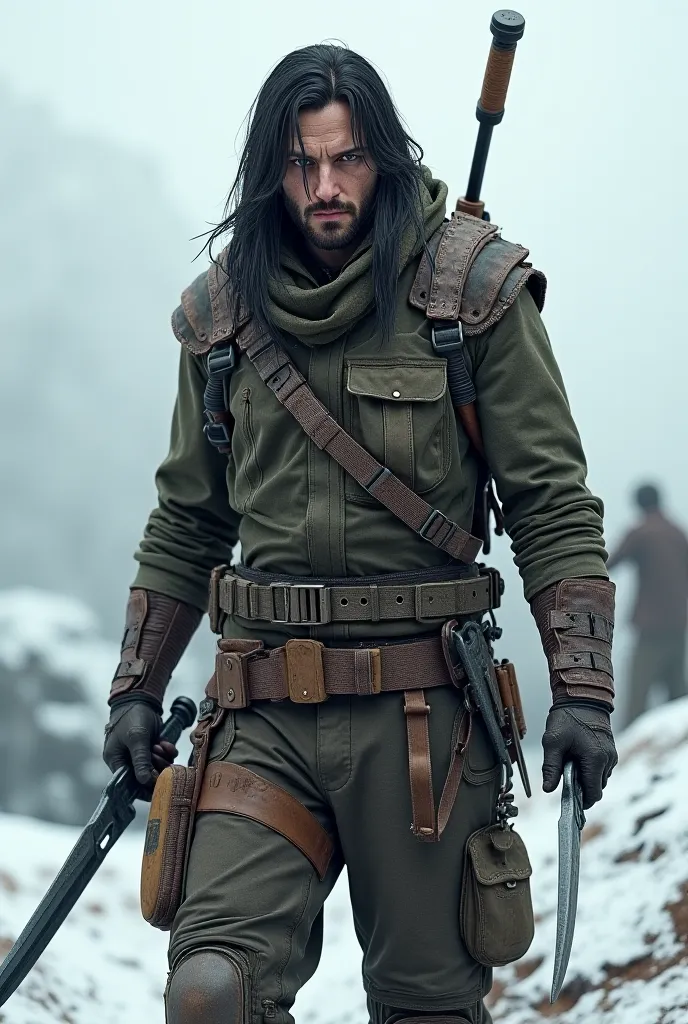 Create an image of my RPG character.
Is he Bulgarian
skinny
1,79 tall
Long black hair
Clothes for those who live in an apocalyptic future, na neve, hunting and holding daggers