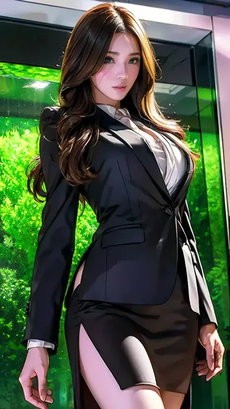   top quality ,   realistic ,   tall very detailed  , finely,   High Resolution,  8k Wallpaper,    Aquarium Building Beauty  ,,   Light Brown Disheveled Hair ,   wearing a business suit ,Wearing a slit skirt   、   sharp concentration,    perfect dynamic co...