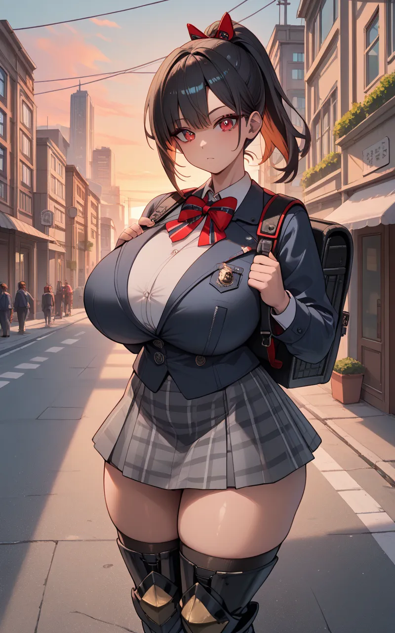 score_9, score_8_up, score_7_up, score_6_up, score_5_up, score_4_up, just explain what I want, tag1, tag 2,1 girl who died, two, big breasts, Red Eyes,   black hair,  medium hair,  asymmetrical bang, side lock, ponytail, Hair Ornaments, red ribbon, striped...