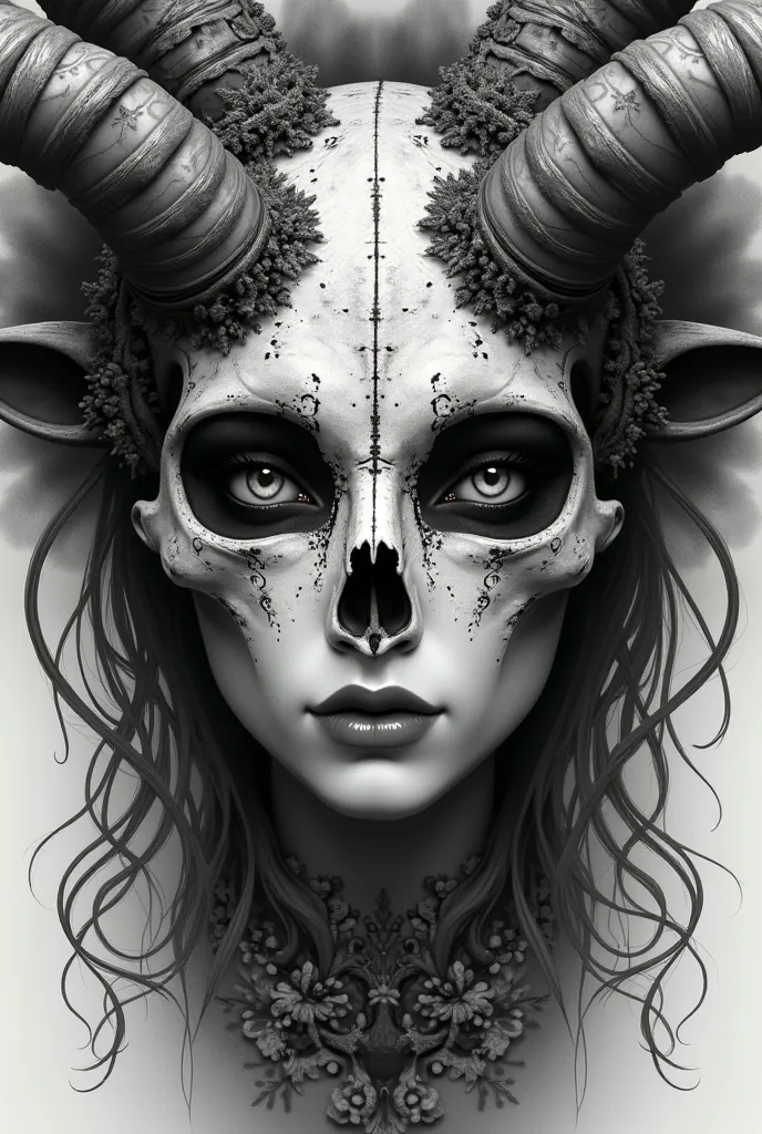 capricorn skull headress eyes of girl's face stipple shade black and grey front view