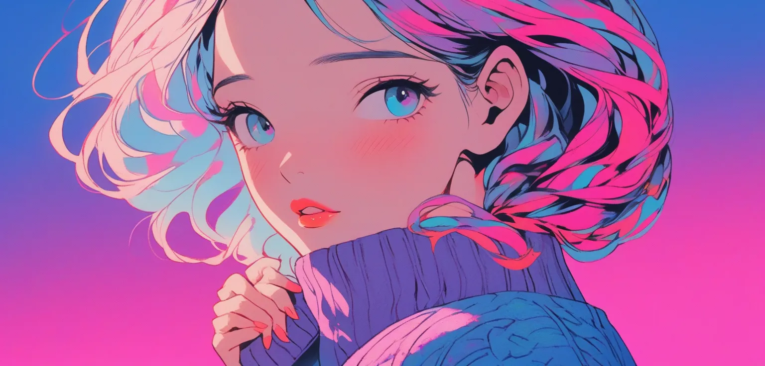 ( HIGHEST QUALITY :0.8), ( HIGHEST QUALITY :0.8), Perfect illustration((masterpiece,  HIGHEST QUALITY )), Illustrator,  Japanese cartoon  , actual  ,sketch ,  1girl at home, lips, sweater,Order,  gradient background,  braid hair, neon hairstyle , textured ...