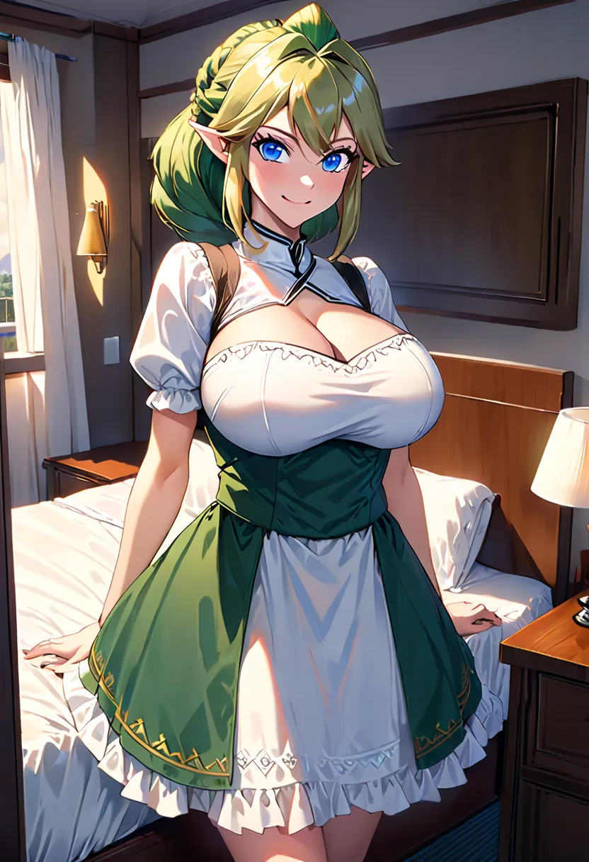 ( full body image:1.5), (princess Zelda, standing, alone:1.2) ,(big breasts:1.5), (She's wearing a black maid outfit 、 a very short white skirt/Her body-hugging clothes:1.3), ( she's in front of her bed in her hotel room:1.3),  the  (blue eyes, Dark green ...