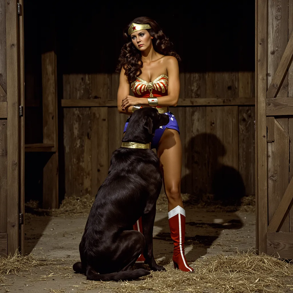  Lynda Crater Wonder woman standing hugging  a black dog. Inside farm barn . Dim lighting, High resolution, front view.