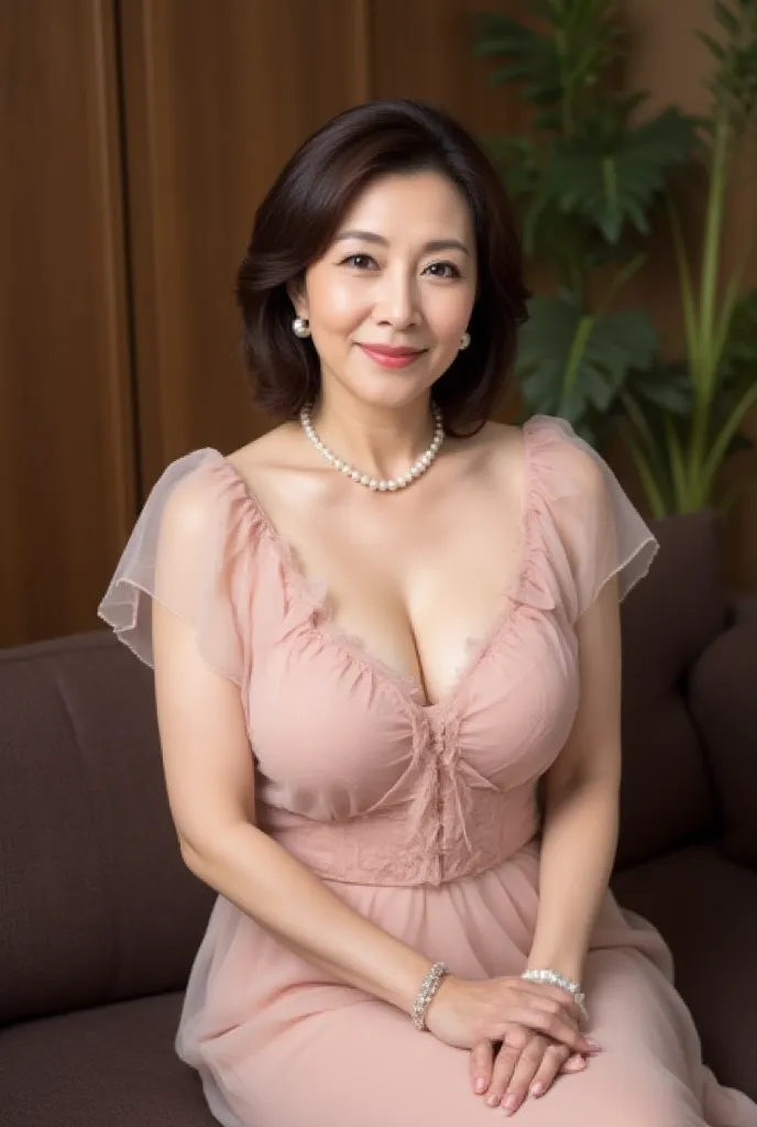 (((A pencil skirt that fits the body、high heels、sitting on the sofa with good posture)))、( Excited Mature Woman , 48 years old,   Japanese,  masterpiece,  top quality,  High Resolution, realistic:1.37,  sharp concentration:1.4,      an unrivaled concert ve...