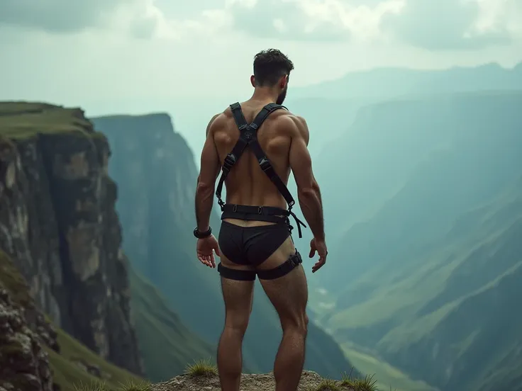 A sexy skinny man wearing a paragliding harness stands at the edge of a steep cliff. His hairy body is secured in the harness, the straps wrapping tightly around his hairy legs. The dramatic sky and rugged landscape create an intense, cinematic atmosphere....