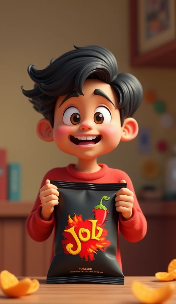 Create 3D Cartoon Style Image Scene 8 Arjun holds up a small packet of Jolo chips with a mischievous grin. The black packaging with a fiery chili design makes Kabir gulp in fear. The friends tease him, laughing and patting his back in mock encouragement.