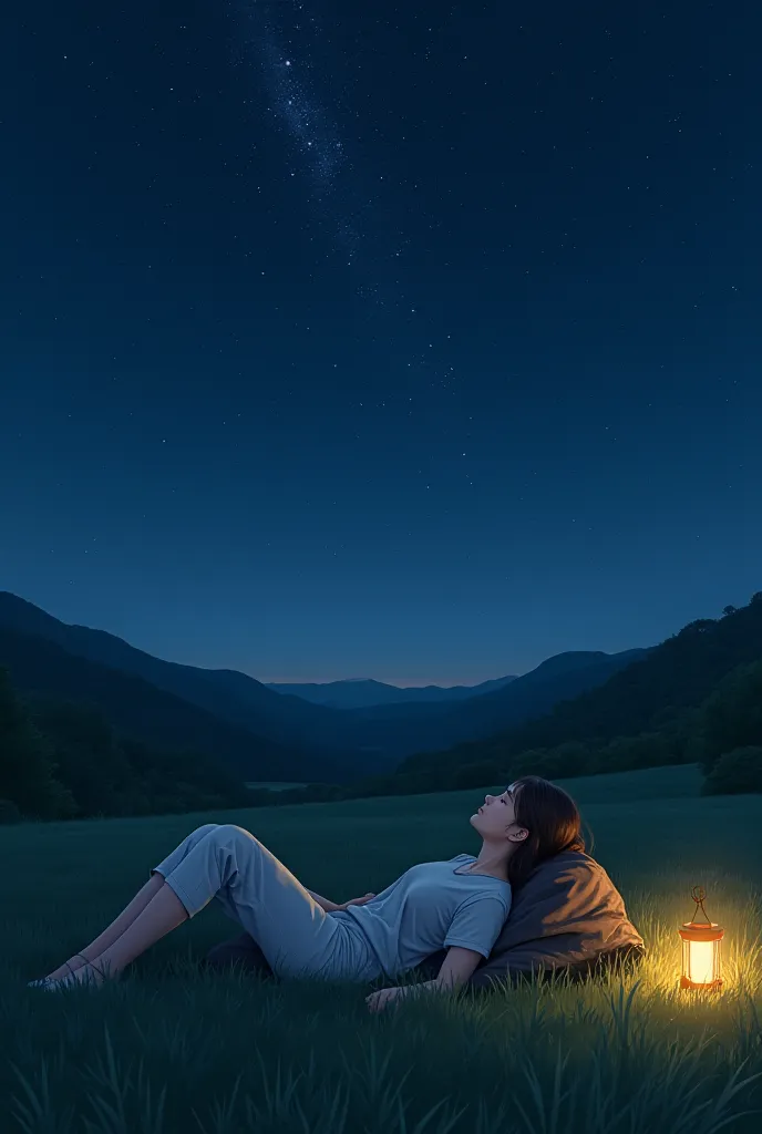 A woman lying in a field,  looking at a starry sky , with a soft light coming from a nearby flashlight.
 realistic drawing style  