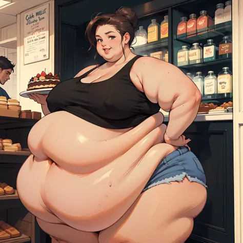 (realistic:1.3), high aesthetic, beautiful american girl, (USSBBW, morbidly obese, fatblob:1.3), tight tank top, hotpants, enthusiastic expression, cute smile, taking order, huge lips, massive thighs, gigantic belly, gigantic ass, , cake shop, loose hair b...