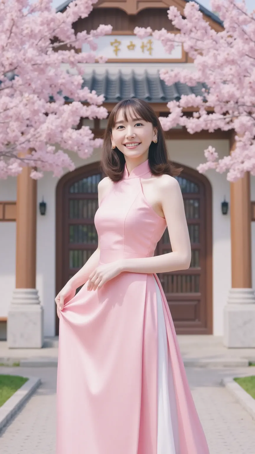 natural light、cherry blossoms in full bloom、A girl in a traditional Chinese dress standing in front of a university gate、美しいFemale College Student、very detailed official artwork、Realistic 3d style、 surreal、(Smile like a smile)、beautiful girl、Attractive App...