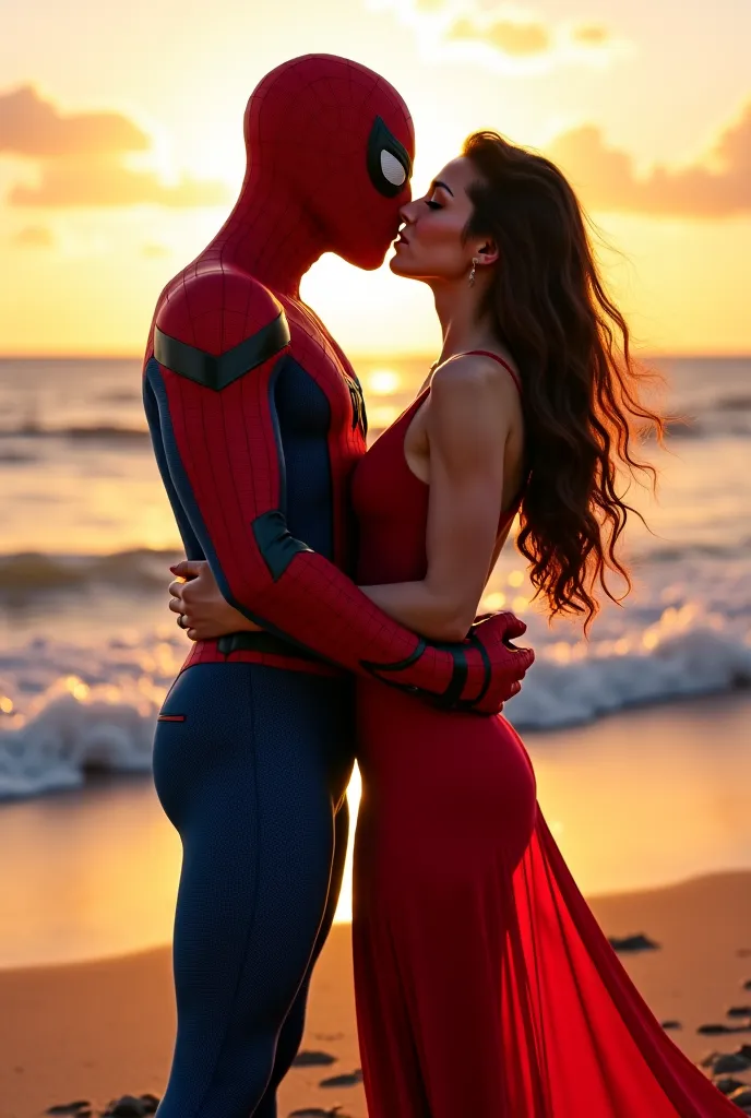 Spider-Man making out with the Hulk's girlfriend in a red dress on a beach