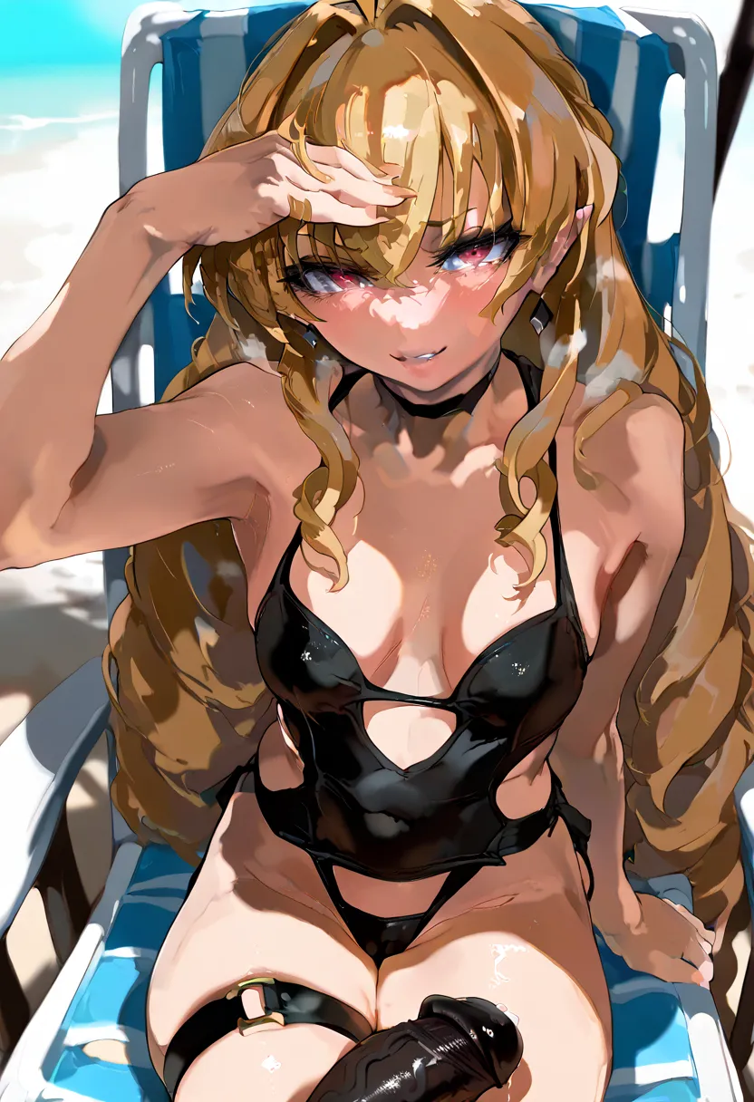 mamimi, elinalise dragonroad, long hair, blonde hair, very long hair, ahoge, pointy ears, drill hair, red eyes, skimpy black one piece swimsuit, thigh straps, beach, blushing, seductive, looking at viewer, laying on sunbathing chair, mesugaki, face focus, ...