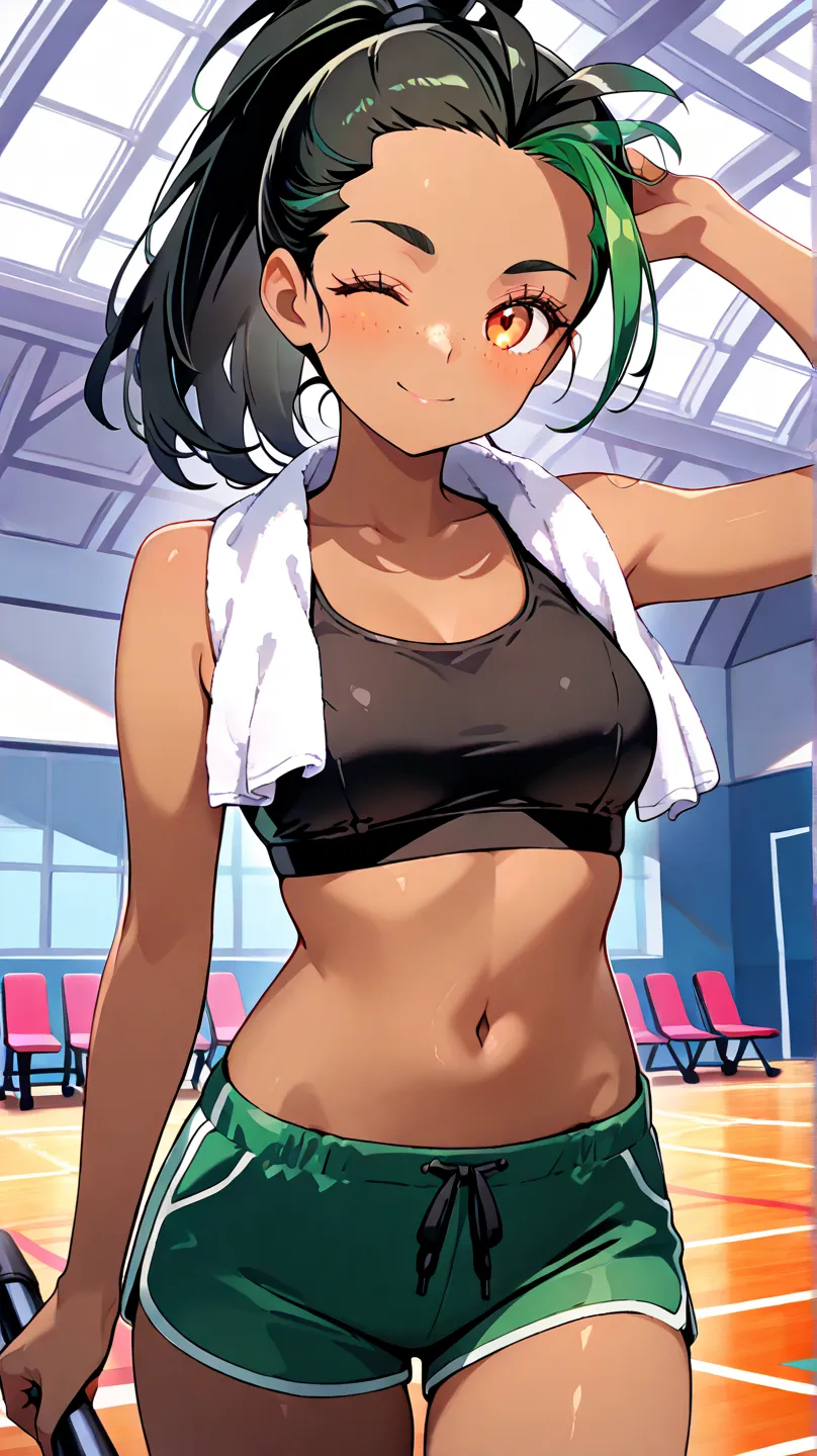 NemonaSDXL,1girl,long hair,black hair,ponytail,green hair,dark skin, dark-skinned female,streaked hair,orange eyes,eyelashes,freckles,hair pulled back, black sports bra, green short shorts, gymnasium, looking at viewer, smile, towel around neck, one eye cl...