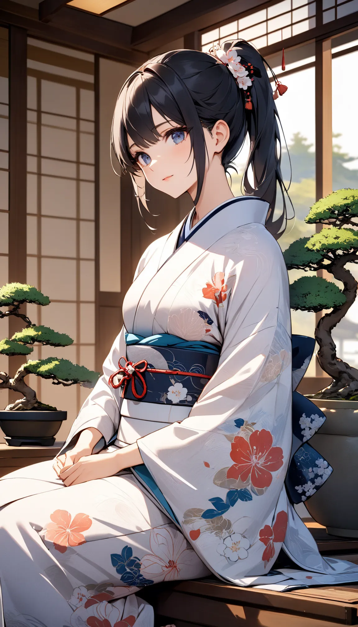 (((Best quality, 8k, Masterpiece: 1.3)), (detailed), perfect face, high resolution, textured skin, anime style, girl, black hair, side ponytail, kimono, traditional Japanese clothing, sitting gracefully in a relaxed pose, with a serene expression. A large,...