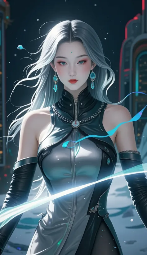wearing a futuristic silver gray gradient down jacket，clothing embedded with nanoscale fiber-optic fibers，asymmetrical metal zippers that wind from neck to horse hips，retro camera fragments floating in the air。fingertips and extend a retractable blue Cryst...