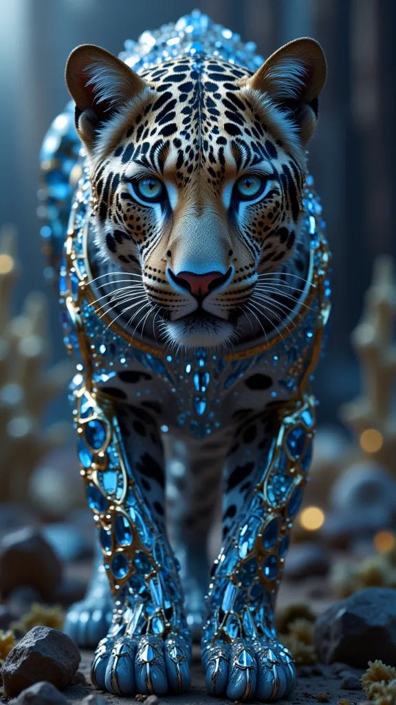 Full body! a gorgeous leopard with sapphire eyes,covered in crystals and black diamonds of various sizes,masterpiece,high r,8k,ultra-detailed,photorealistic