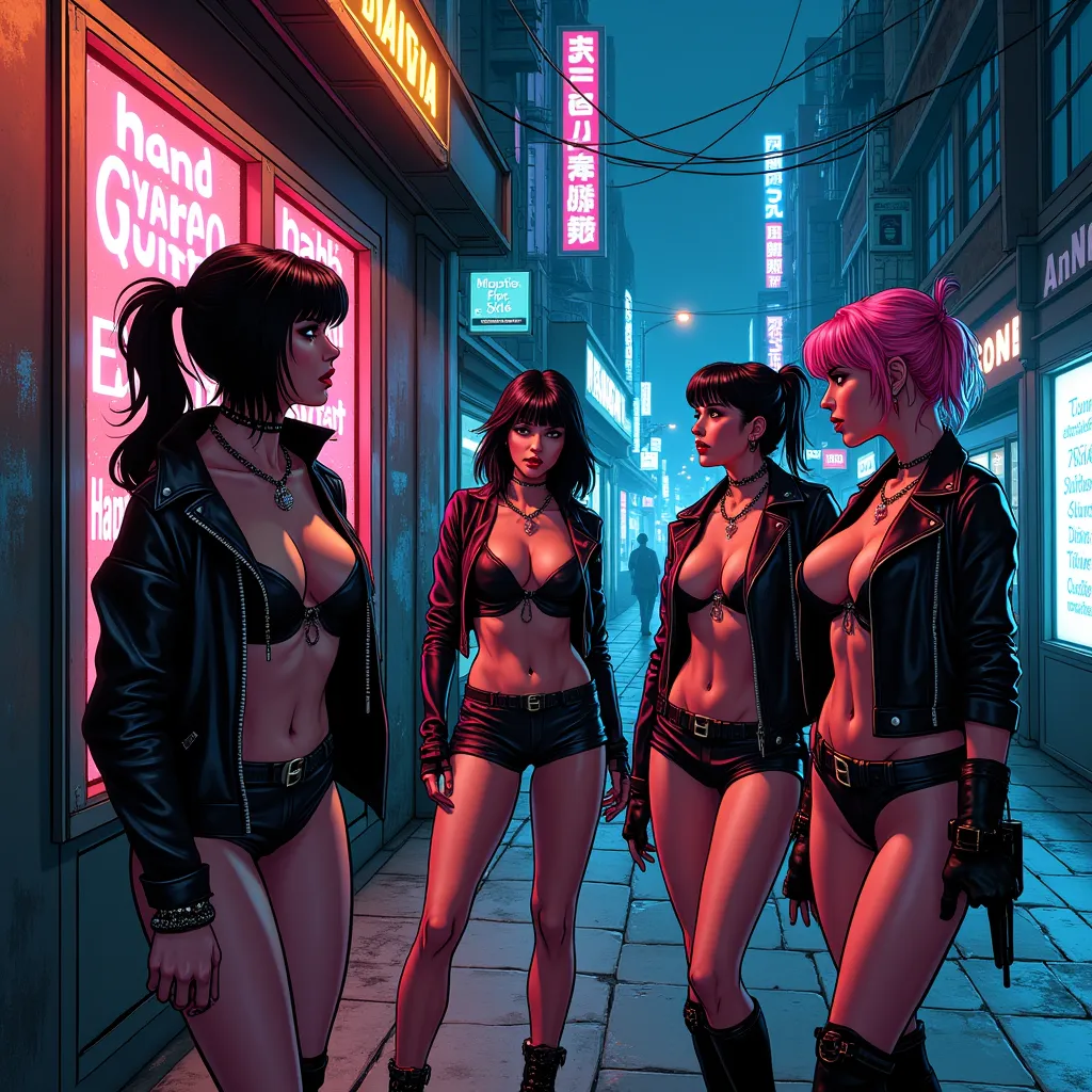 Prostitutes talking on the sidewalk at night
Comic style (Make the Cyberpunk traits)
