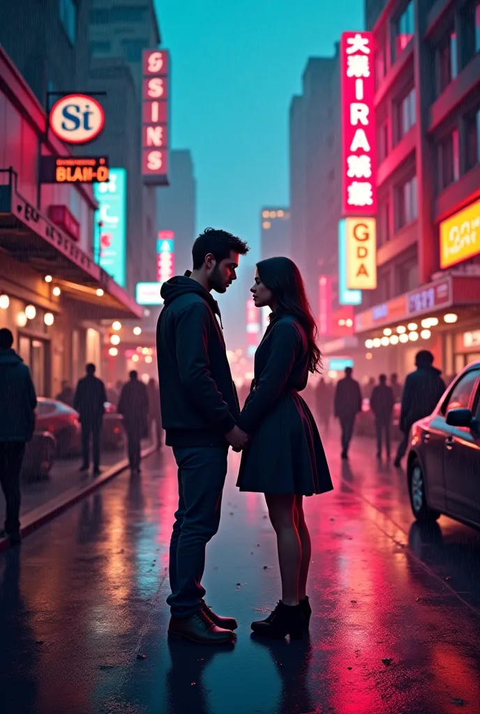 A busy city street where two people unexpectedly cross paths, neon lights glowing in the background, light rain falling, and a romantic atmosphere in the air.