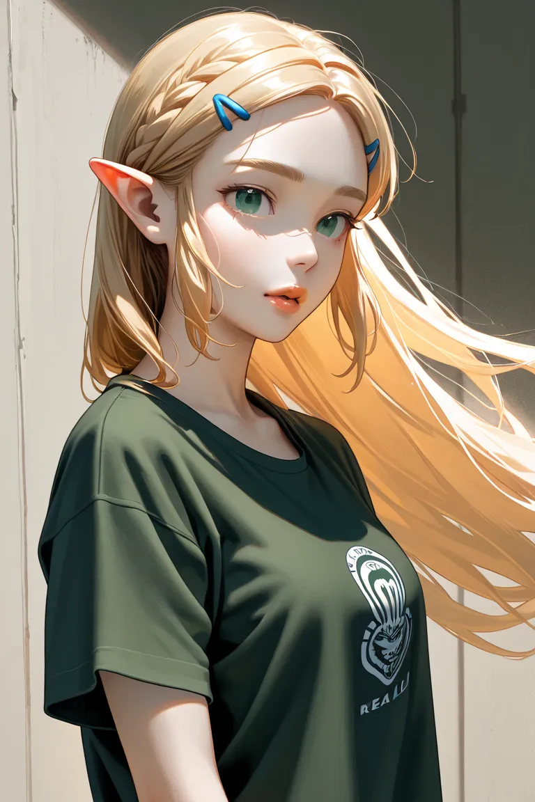 Princess Zelda in the real world, natural lips, natural textured lips, Natural blonde hair with a natural texture, natural textured skin, neutral dark green t-shirt
