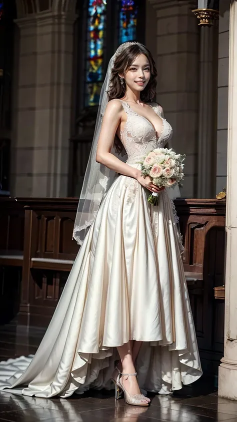 A beautiful young Japanese woman, 26 years old, with healthy thighs, beautiful legs, flawless skin, random hair color and style, large breasts, wearing a (wedding dress:1.3), (she is standing:1.2), full body shot, high heels, holding a bouquet in her hands...