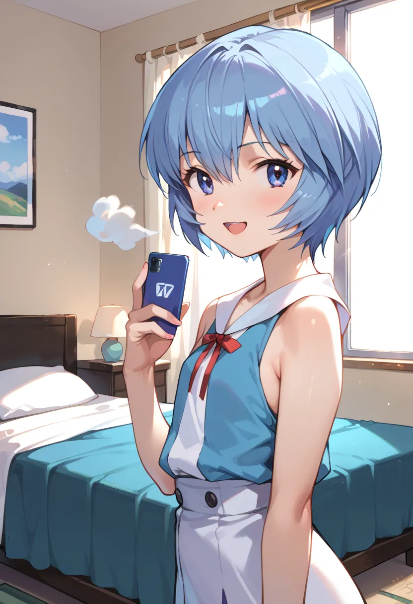 ((top quality)), ((masterpiece)), (be familiar with), perfect face, indoors, bedroom, watching viewers,
One woman, Ayanami Rei,
open mouth, steam clouds drift, blush, smile,
 small tits, flat chest, Young girl,  lori,  ,  girl,
Short Hair, short hair,
 ope...