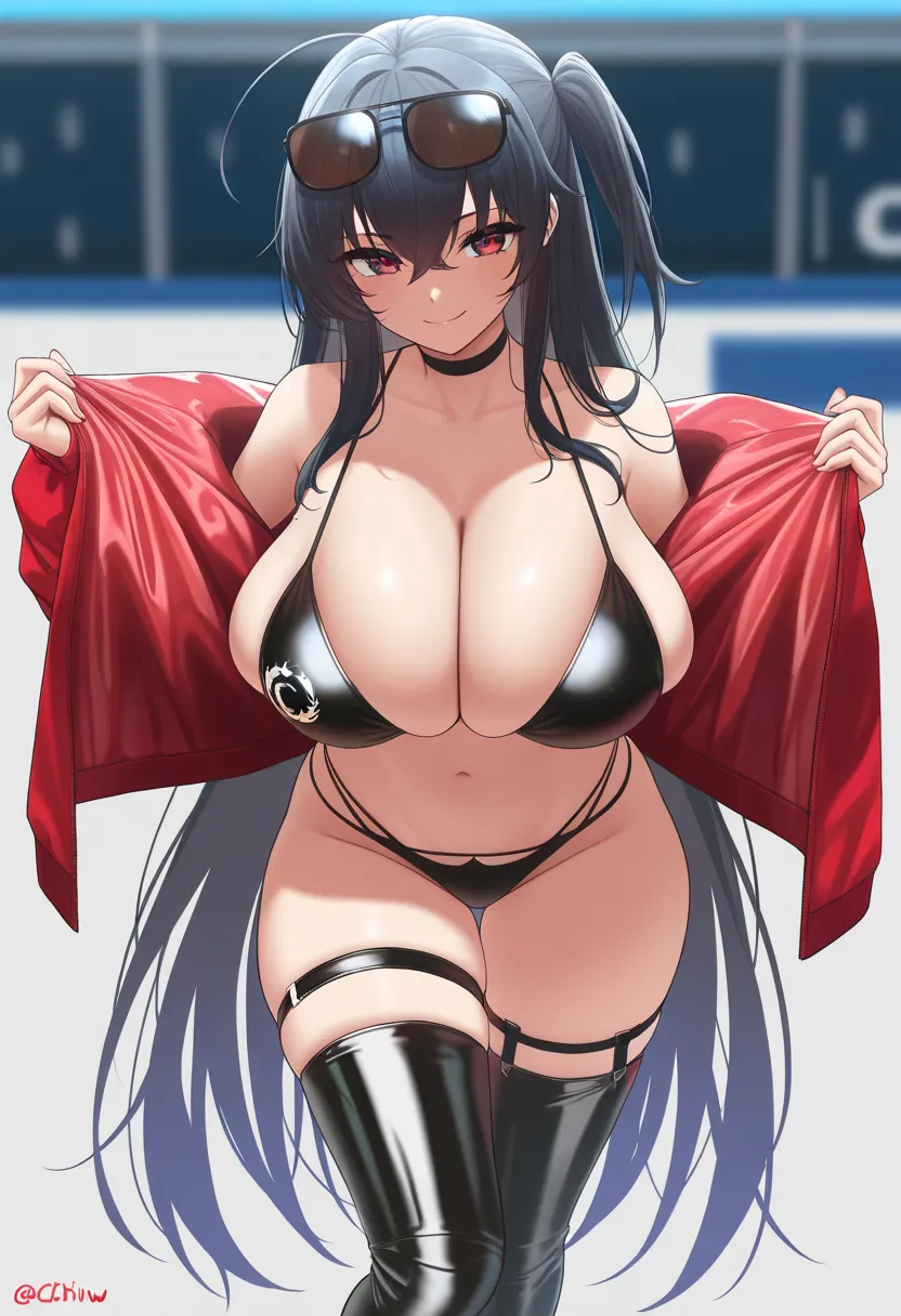 masterpiece, top quality,   black bikini,  black choker, Chest, high leg bikini,  popup,too big chewy boobs,hyper breasts,Big Breasts,  multi-strap bikini bottom,  One Side Up,  race queen , thigh strap,  black thigh boots, sunglasses, red jacket,   black ...