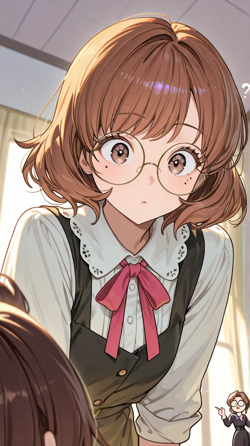 Brown hair, round glasses, a plain face. In contrast, a glamorous figure and a beauty mark under her left eye.


The first time you see her, you think she's exactly what a librarian should be, but then you see her figure and the occasional sultry expressio...