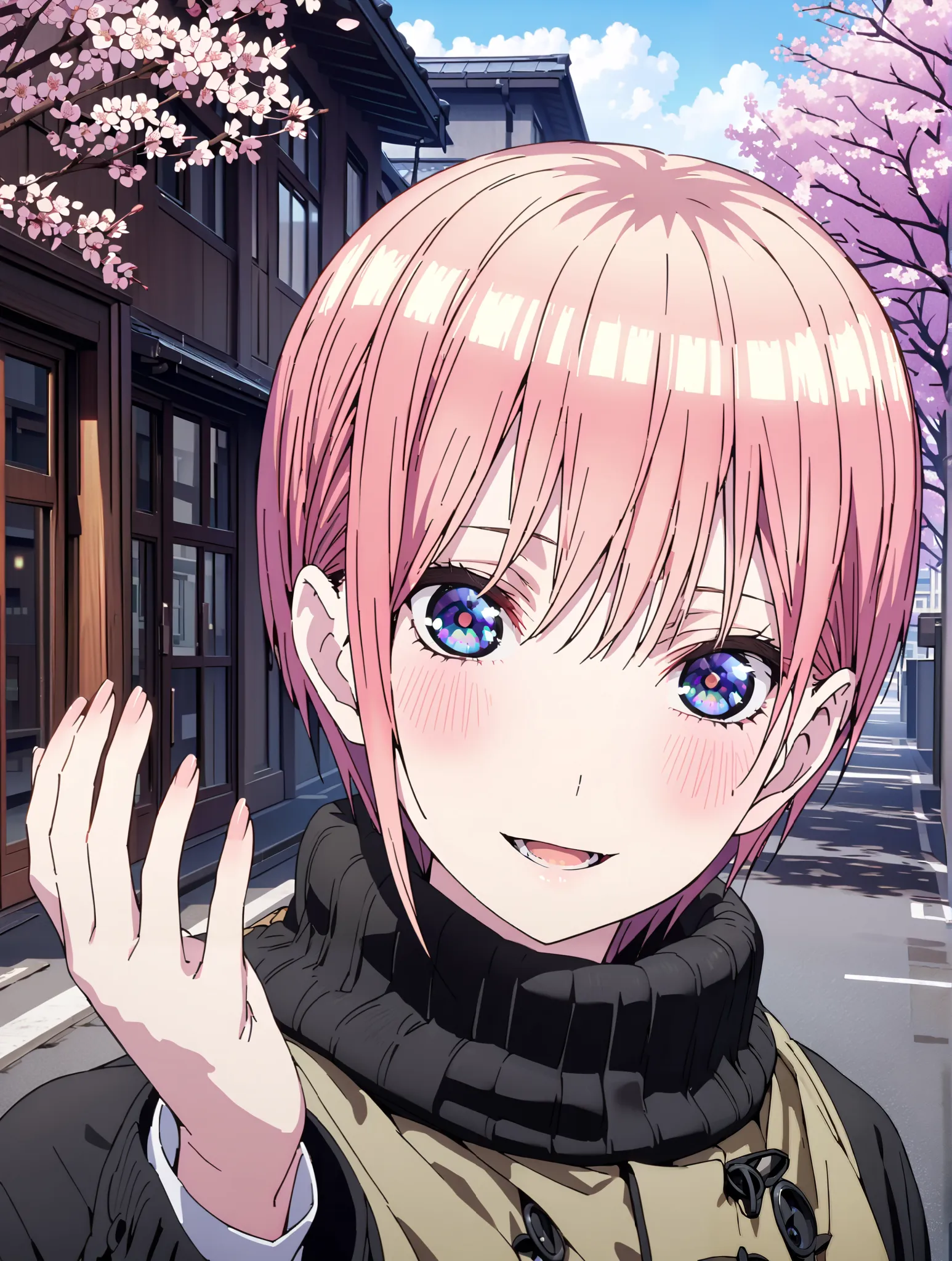 Nakano Ichika, short hair, bungs, blue eyes, Alone,Between the eyebrows, pink hair near MM, smile,blush,open your mouth,duffle coat,The front is empty,oversized turtleneck sweater,Black Pantyhose,Short Boots,walking,cherry blossoms,School building,full bod...