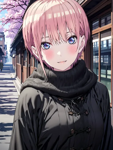 Nakano Ichika, short hair, bungs, blue eyes, Alone,Between the eyebrows, pink hair near MM, smile,blush,open your mouth,duffle coat,The front is empty,oversized turtleneck sweater,Black Pantyhose,Short Boots,walking,cherry blossoms,School building,full bod...