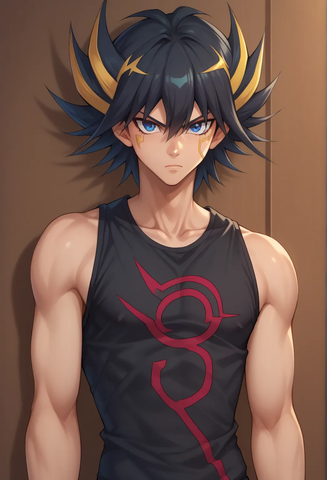 score_9, score_8_up, score_7_up, source_anime, highly detailed, 
yusei, 1boy, male focus, solo, blue eyes, multicolored hair, spiked hair, black hair,
blonde hair, serious, upper body, shirt, streaked hair, sleeveless, facial mark, closed mouth, sleeveless...