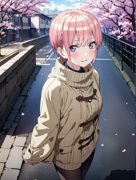 Nakano Ichika, short hair, bungs, blue eyes, Alone,Between the eyebrows, pink hair near MM, smile,blush,open your mouth,duffle coat,The front is empty,oversized turtleneck sweater,Black Pantyhose,Short Boots,walking,cherry blossoms,School building,full bod...