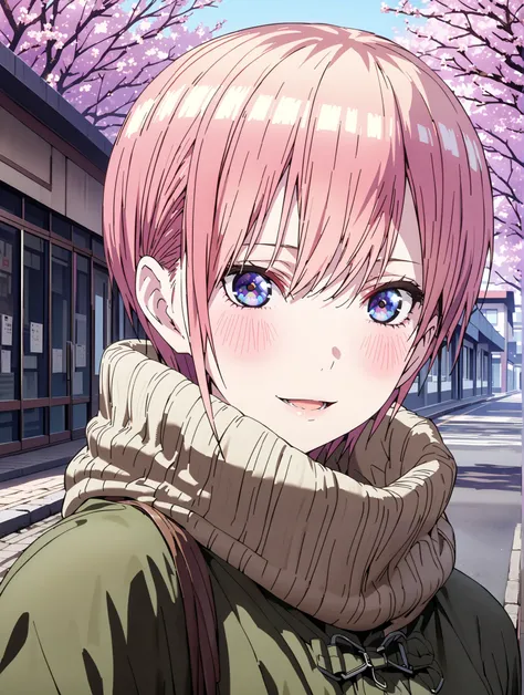 Nakano Ichika, short hair, bungs, blue eyes, Alone,Between the eyebrows, pink hair near MM, smile,blush,open your mouth,duffle coat,The front is empty,oversized turtleneck sweater,Black Pantyhose,Short Boots,walking,cherry blossoms,School building,full bod...