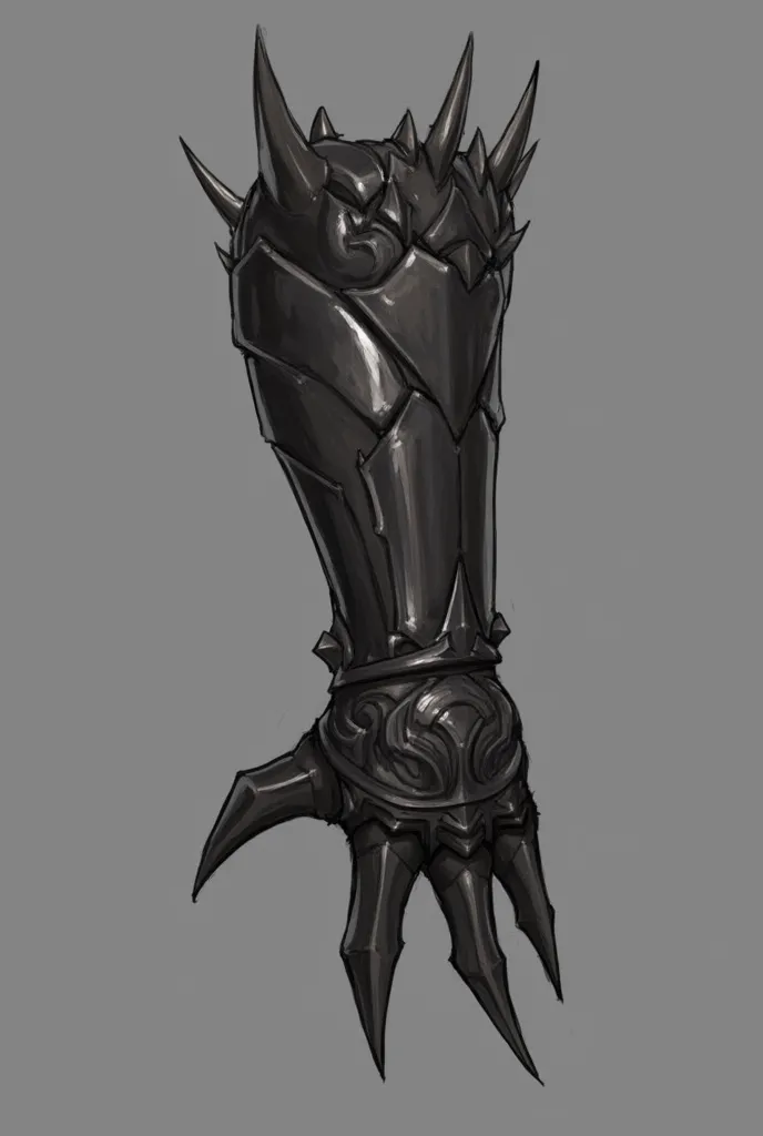 "Design a gauntlet concept: each elbow features a sharp blade, while the top of the forearm is armored with protective spikes. The design should look fierce and functional, combining a brutal combat style with sleek, intimidating aesthetics."