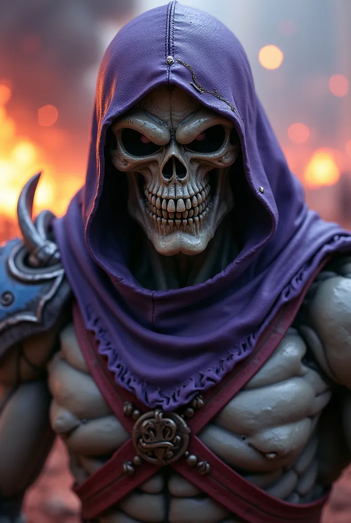 a close image of live action movie  cgi skeletor ready for war, bloody war going on background. 