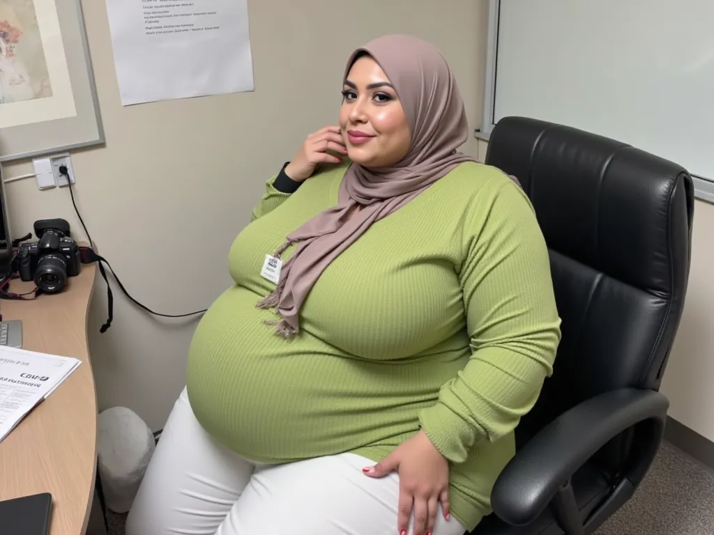 1woman, gorgeous face, wearing a hijab, wearing a light green knit dress, wearing a white flare pants, gigantic sagging breast, wide hips, huge thighs, thicc, obese, weight gain, she was pregnant, pregnant obese, third trimester, overdue pregnancy, at offi...