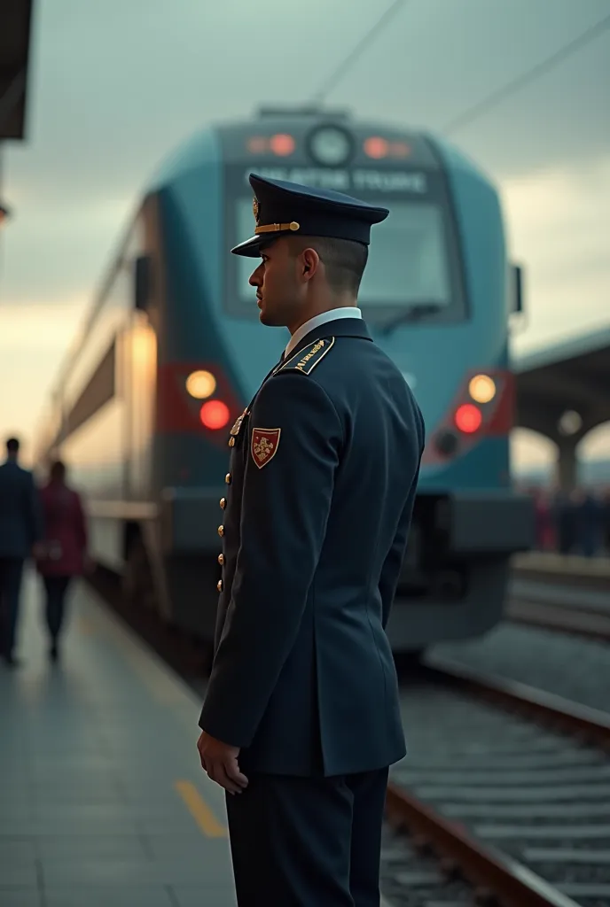 A guy in the uniform of a railway conductor is standing in front of an Azerbaijan Railway train but does not look directly, so that they don't understand that it's me ,for my profile