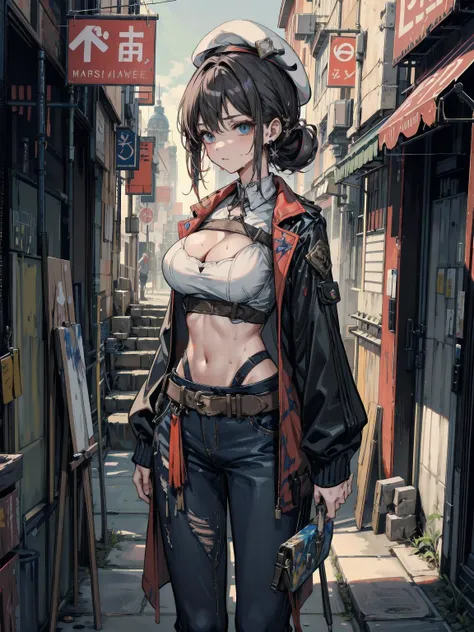 ideal ratio body proportions, perfect anatomy, correct body, earring, big breasts, narrow waist, short hair, black hair, wavy hair, hair behind ear, half updo, sweat, adult body, outdoor, cowboy shot, painter, paint on face, dirty clothes, palette, beret, ...