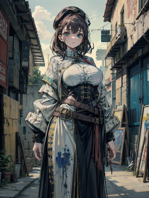 ideal ratio body proportions, perfect anatomy, correct body, earring, big breasts, narrow waist, short hair, black hair, wavy hair, hair behind ear, half updo, sweat, adult body, outdoor, cowboy shot, painter, paint on face, dirty clothes, palette, beret, ...